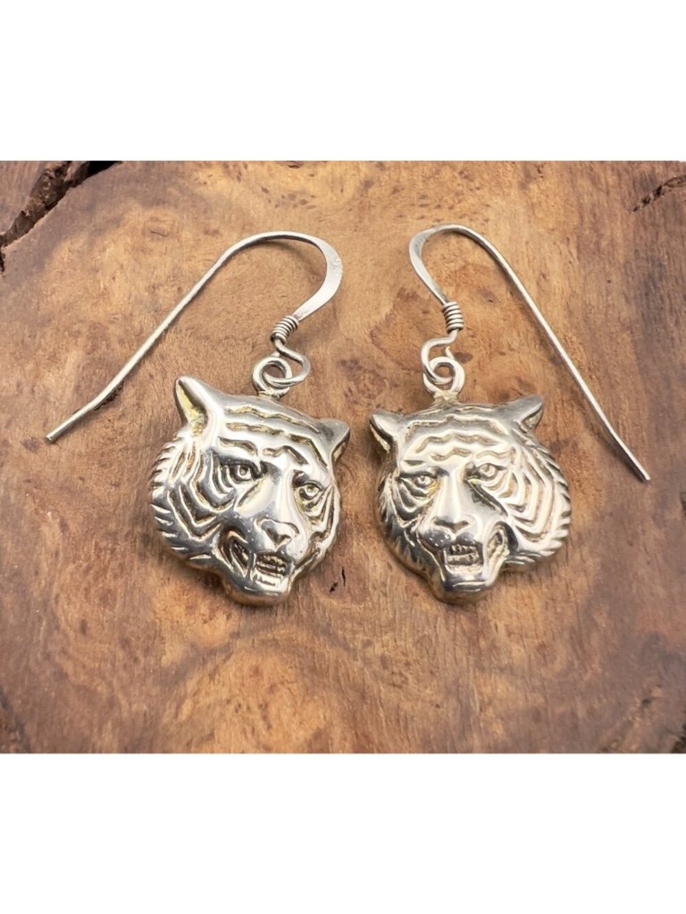 Vintage Artisan Sterling Silver Big Cat Tiger Head Dangle Earrings